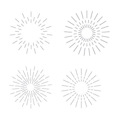 Set of vintage hand drawn sunburst, sun rays design elements, explosion black rays. Bursting rays sunrise firework starburst burst for logotype, emblem, logo, tag, stamp, banner. Vector illustration.