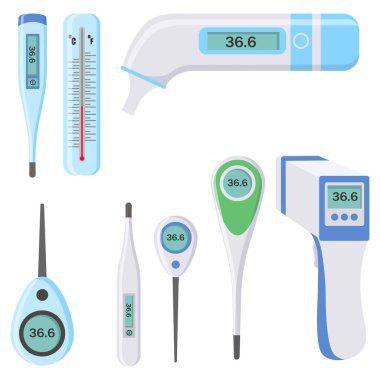 Electronic thermometers, infrared, liquid, measuring body temperature, food, environment. Set of medical thermometers for hospital during coronavirus. Health and diseases concept. Vector illustration.