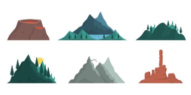 Various mountains many vector illustrations. Nature landscape, volcano, hilltops, iceberg, mountain range, mound. Set of elements of mountain nature silhouette. Outdoor travel, adventure, tourism.