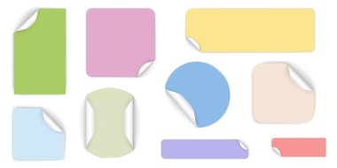 Set of round adhesive stickers with folded edges. Color paper sticker of different shapes with curled corners. Empty price tag templates. Mega savings, sale sticker set. Vector illustration.