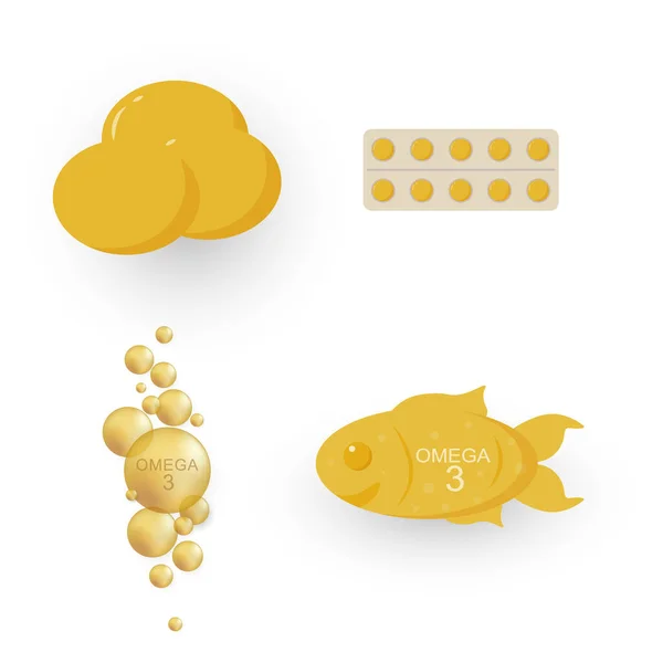 Omega Icon Flat Style White Background Fish Oil Bottle Pill — Stock vektor