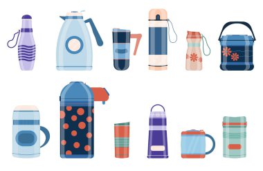 Thermos vacuum flask or bottle with hot drink coffee or tea. Realistic thermos drink container mockup set. Design template of packaging mockup for graphics. Front view. Vector illustration, eps 10.