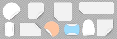 Set of round adhesive stickers with folded edges. Color paper sticker of different shapes with curled corners. Empty price tag templates. Mega savings, sale sticker set. Vector illustration.