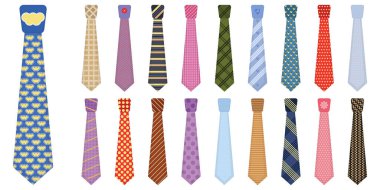 Men accessories ties fashioned. Set of various colored ties isolated on white background. Big colored set neckties different types. Collection men icons. Vector illustration, eps 10.
