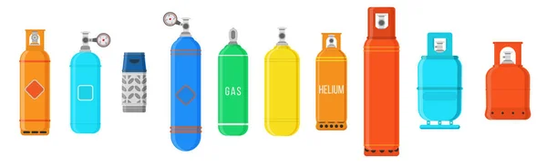 Equipment Safe Butane Propane Oxygen Balloon Set Multicolored Gas Cylinders — Stock Vector