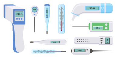 Electronic thermometers, infrared, liquid, measuring body temperature, food, environment. Set of medical thermometers for hospital during coronavirus. Health and diseases concept. Vector illustration.