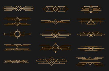 Art deco çerçeve ve sınır süsü seti. Geometrik altın kaplama çerçeve, altın çerçeveler, antika zarif tasarım seti. Altın Japon deseni. Lüks dekoratif tasarım elementleri. Vektör illüstrasyonu.