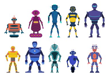 Robots cute characters and transformer, androids retro set cartoon toys character of the future artificial cyborg. Set of cartoon robots. Technology, the future. Vector illustration, eps 10.