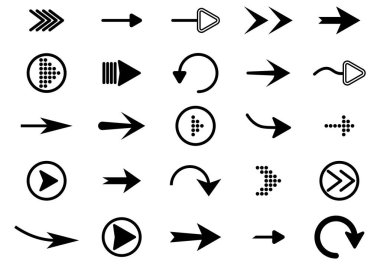 Beyaz arkaplanda yalıtılmış düz ok biçimi. Web tasarımı için farklı yeni tarz siyah oklar. İmleç. Vektör illüstrasyonu.