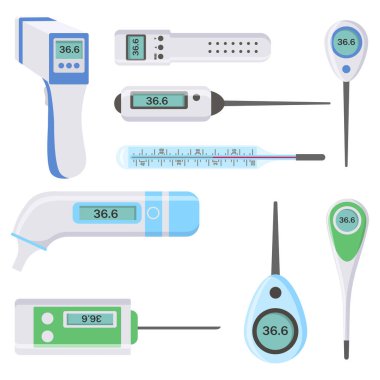 Electronic thermometers, infrared, liquid, measuring body temperature, food, environment. Set of medical thermometers for hospital during coronavirus. Health and diseases concept. Vector illustration.