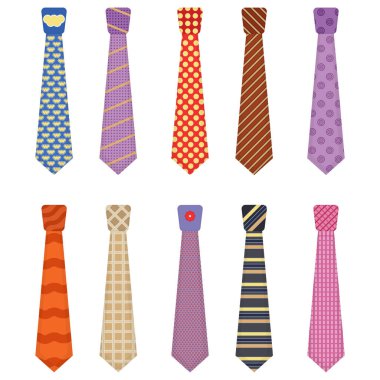 Men accessories ties fashioned. Set of various colored ties isolated on white background. Big colored set neckties different types. Collection men icons. Vector illustration, eps 10.