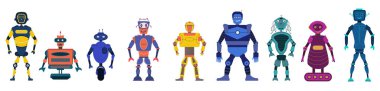 Robots cute characters and transformer, androids retro set cartoon toys character of the future artificial cyborg. Set of cartoon robots. Technology, the future. Vector illustration, eps 10.