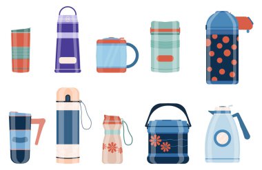 Thermos vacuum flask or bottle with hot drink coffee or tea. Realistic thermos drink container mockup set. Design template of packaging mockup for graphics. Front view. Vector illustration, eps 10.