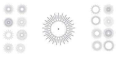 Set of vintage hand drawn sunburst, sun rays design elements, explosion black rays. Bursting rays sunrise firework starburst burst for logotype, emblem, logo, tag, stamp, banner. Vector illustration.