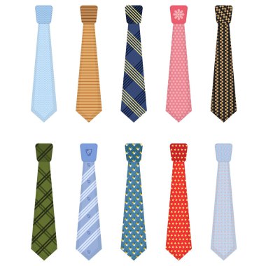 Men accessories ties fashioned. Set of various colored ties isolated on white background. Big colored set neckties different types. Collection men icons. Vector illustration, eps 10.