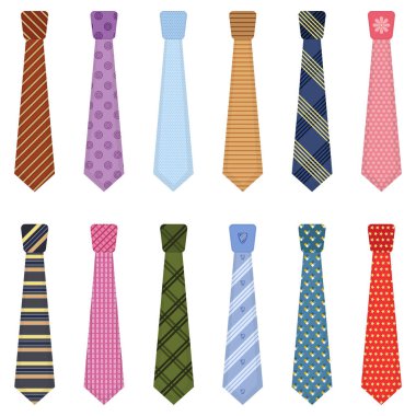 Men accessories ties fashioned. Set of various colored ties isolated on white background. Big colored set neckties different types. Collection men icons. Vector illustration, eps 10.