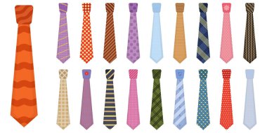 Men accessories ties fashioned. Set of various colored ties isolated on white background. Big colored set neckties different types. Collection men icons. Vector illustration, eps 10.