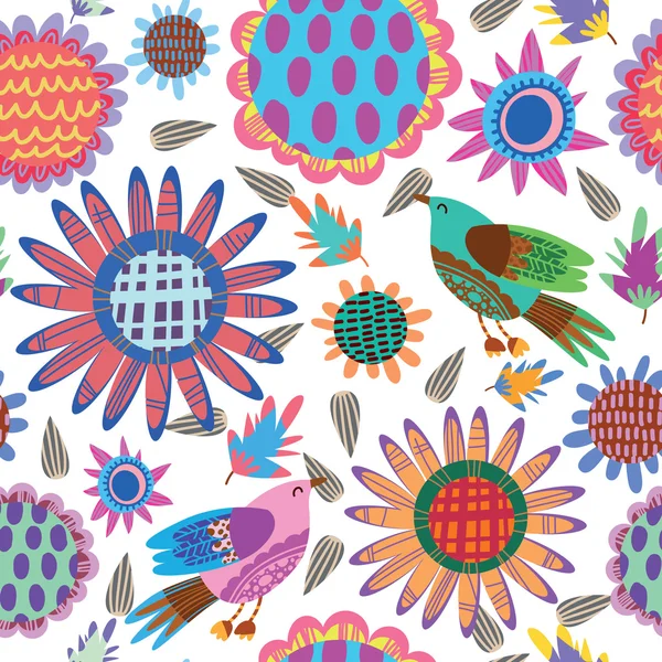 Pattern with sunflowers and birds — Stock Vector