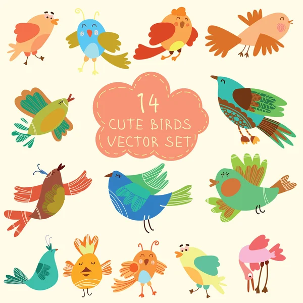 Cute vogels in vector. Cartoon set — Stockvector