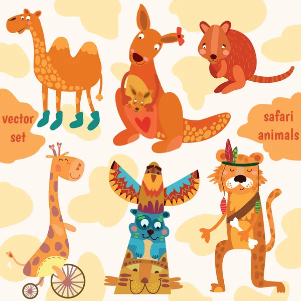 Safari animali: Quokka, tigre, cammello, giraffa, canguro — Vettoriale Stock