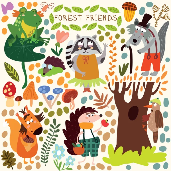 Vector Aranyos erdőterület és az erdei állatok csoportja. mókus, béka, — Stock Vector