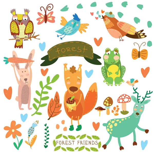 Vector Set of Cute Woodland and Forest Animals.Squirrel,rabbit, — Stock Vector