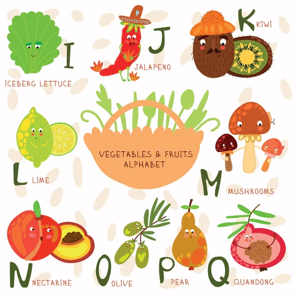 Alfabeto muy lindo de frutas y verduras . — Vector de stock