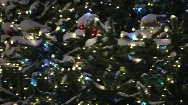 Kerst gloeiend speelgoed op de stad kerstboom in de avond in de stad. Omhoog. — Stockvideo