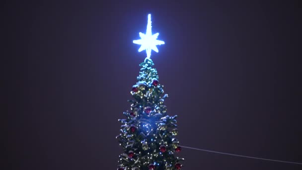 Rua Decorada Árvore de Natal contra o pano de fundo de um edifício alto de uma área de dormir noite. — Vídeo de Stock