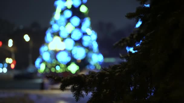 Árvore de Natal em foco contra o pano de fundo da vida da cidade no inverno à noite — Vídeo de Stock