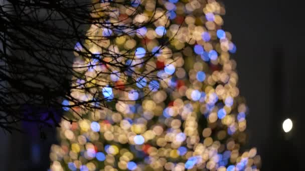 Árvore de Natal em foco contra o pano de fundo da vida da cidade no inverno à noite — Vídeo de Stock