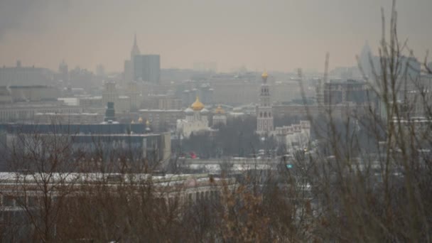 Ein winterliches Stadtbild, in dem sich zwei Züge kreuzen. Zwei Züge fahren durch die Stadt. Selektiver Fokus — Stockvideo