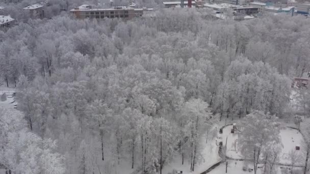 Un paisaje urbano de invierno después de una nevada. Vista de la zona de dormir de Moscú en invierno después de las nevadas. Vista aérea — Vídeos de Stock