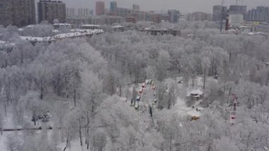 Kar yağışı sonrası kış şehri. Kar yağışı sonrası. Park ve şehir karla kaplı.