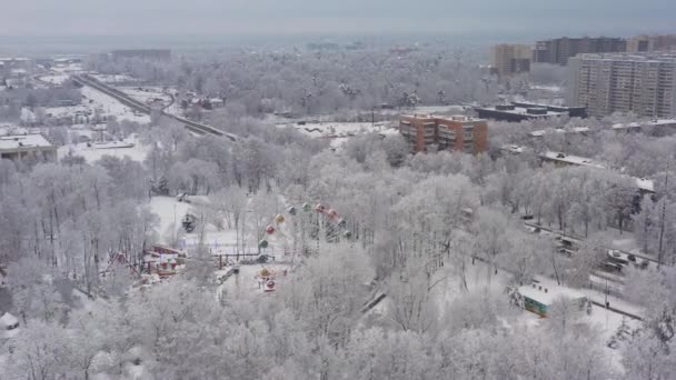 A winter cityscape after a snowfall. Aftermath of snowfall . The park and the city are covered with snow — Stockvideo