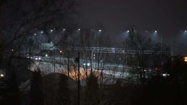 Uitzicht op de snelweg in de winter 's nachts — Stockvideo