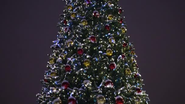 Рождественские светящиеся игрушки на городской елке вечером в городе. Close up — стоковое видео