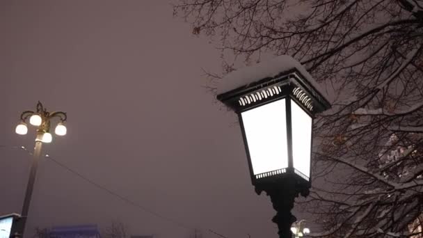 Красивая уличная лампа зимой после снегопада. Фотоаппарат Долли — стоковое видео