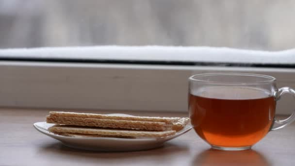 Μια μεγάλη κούπα τσάι και ψωμί διαίτης σε ένα πιάτο στο περβάζι του παραθύρου το χειμώνα. Η κάμερα είναι σε κίνηση. Επιλεκτική εστίαση — Αρχείο Βίντεο