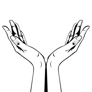 Kadın eli işte. Elini aç. Siyah beyaz çizim. Klip sanatı. Vücut parçası. Satır sanatı.