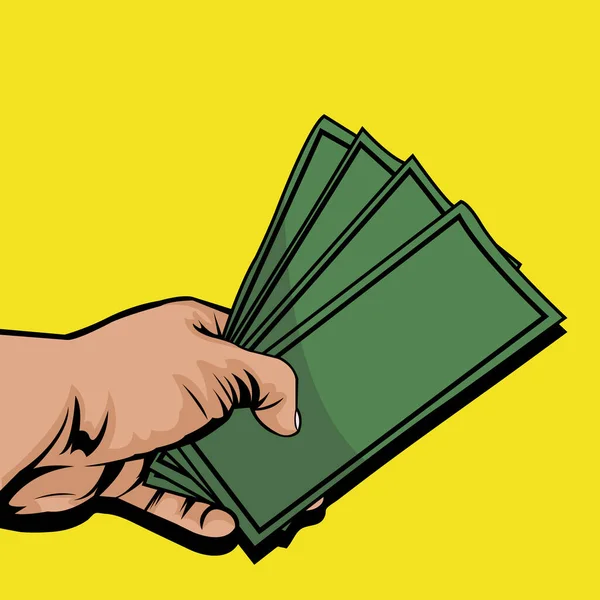 Vector Illustration Hand Holding Some Cash Yellow Background — Vetor de Stock