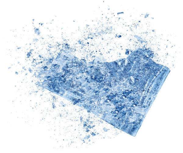 Collision explosion texture of blue ice pieces on white background