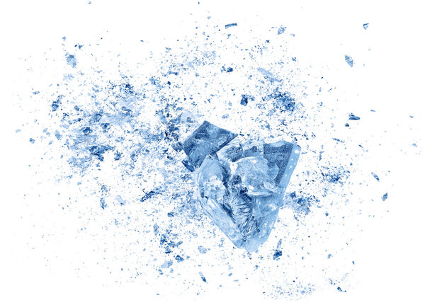 Collision explosion texture of blue ice pieces on white background
