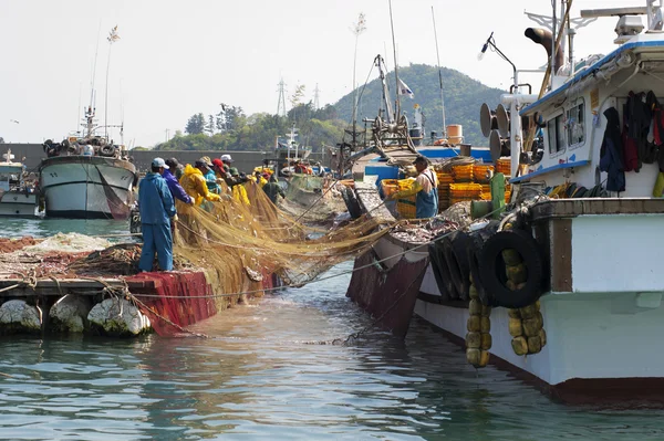 I pescatori scaricano le catture di acciughe — Foto Stock