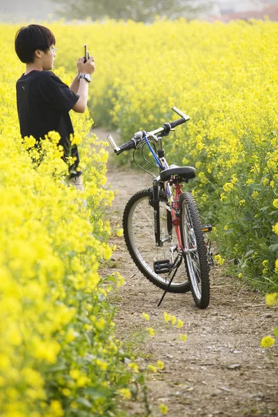 Pojke ta en bild i fältet — Stockfoto