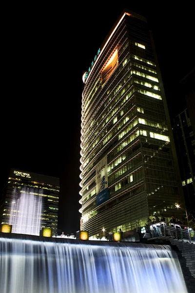 Cheonggyecheon Çeşmesi ve Seul büyük binalar güzel gece görünümü — Stok fotoğraf