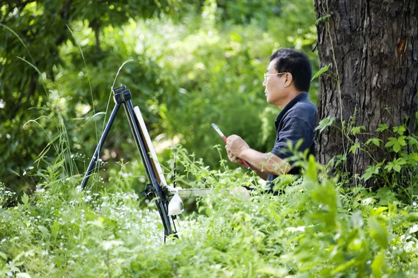 Painter paints flowers in the field — Stock Photo, Image