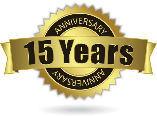 "15 Years Anniversary" - golden stamp with ribbon, Vector EPS 10