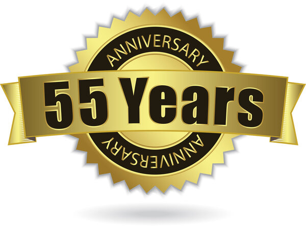 "55 Years Anniversary" - golden stamp with ribbon, Vector EPS 10