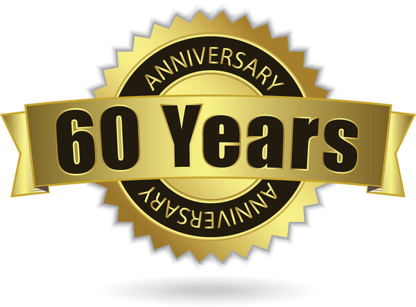 "60 Years Anniversary" - golden stamp with ribbon, Vector EPS 10